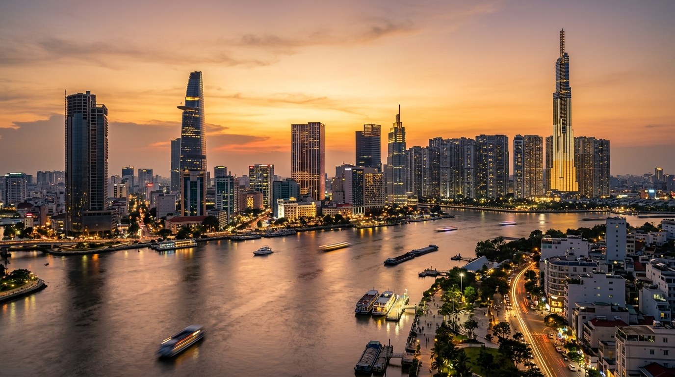 Hub Asie-Pacifique HB Global Networking — Skyline d'affaires de Hô Chi Minh-Ville au crépuscule